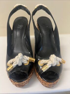 Tory Burch Black Patent Peep-Toe Wedges with Cream Rope & Gold Hardware